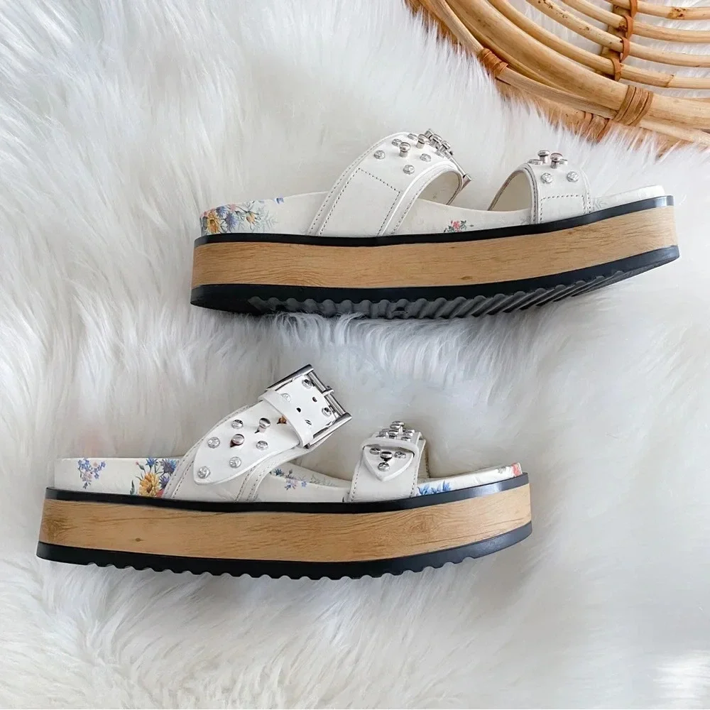 Alexander McQueen Platform Sandals Slides Studded Cream Leather Flower Print
